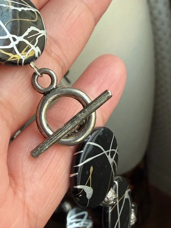 Black Silver and Gold Disc Choker Statement 16” Necklace with Toggle Closure - Picture 4 of 9